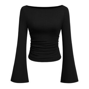 Black Whimsigoth Long Sleeve Boatneck Ruched Women's Top